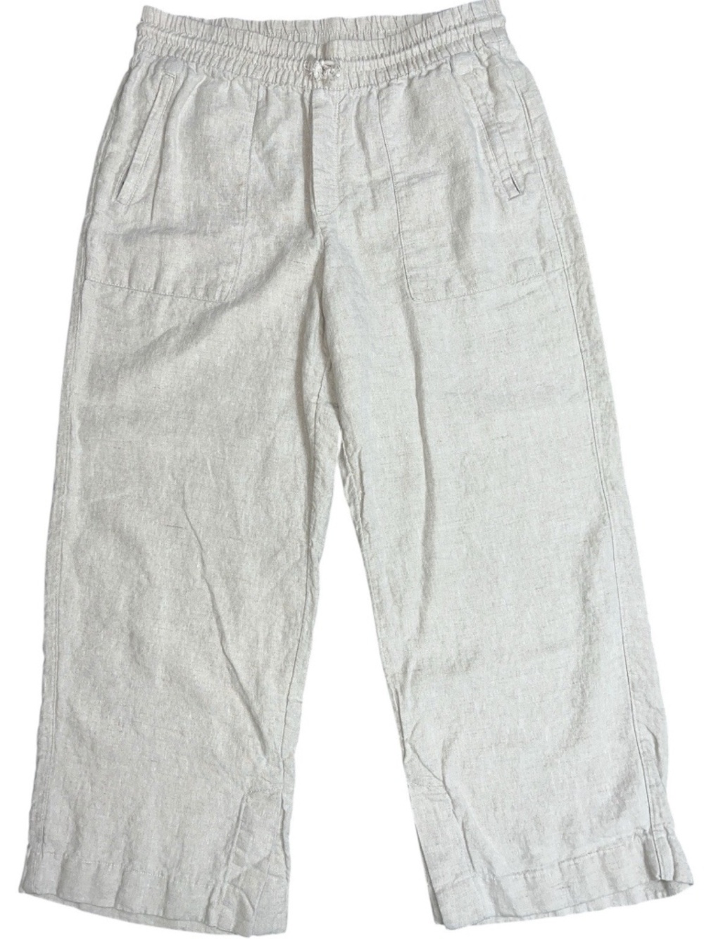 Athleta Cabo Beige 100% Linen Wide Leg Crop Pants Womens L Travel Casual Beach